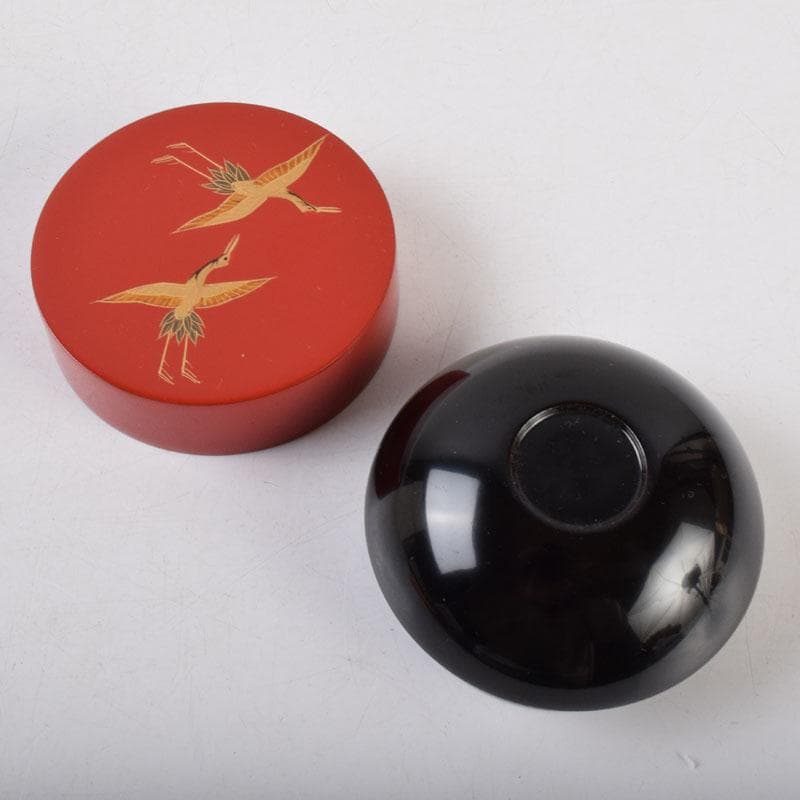 茶道具　中村湖彩作　鶴蒔絵　黒赤茶器　共箱　V　8582