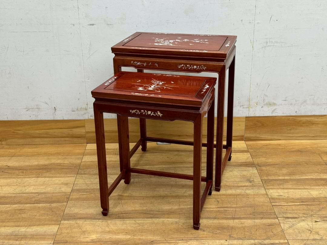 T1514☆美品☆花梨　螺鈿細工　ネストテーブル　入れ子式テーブル　無垢材