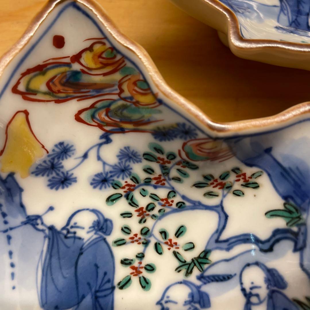 東山 古赤絵写 高士図楓形小皿 6客 共箱あり 宮永東山　魯山人　茶道具　向附