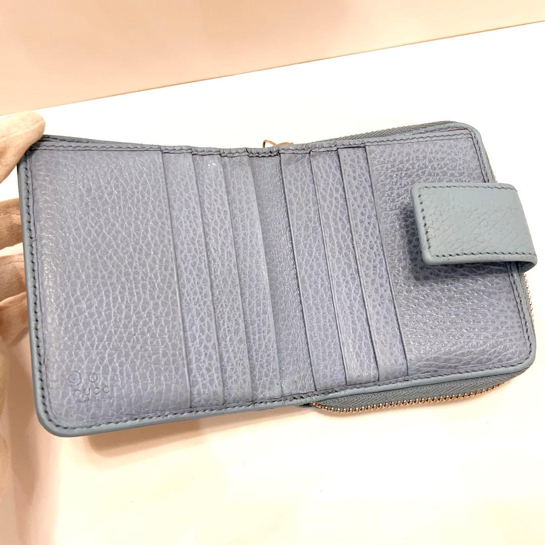 グッチ 折り財布 GGキャンバス GG ラウンドファスナー コンパクト 水色