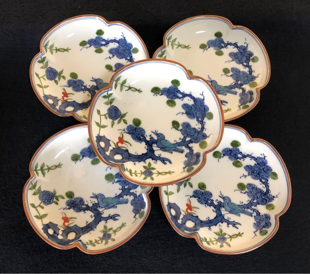 《レ》有田焼 源右衛門作 染錦松花鳥 木瓜 銘々皿5客 251127お1