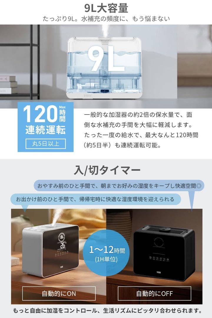 新品❤️加湿器 大容量 9L AI知能恒湿 5重除菌 超音波 ハイブリッド式加湿器