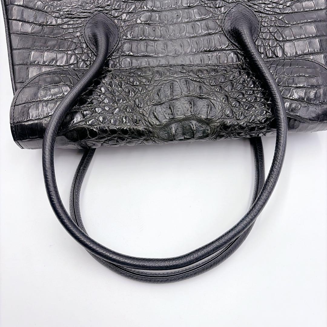 クロコダイル レザー フラップ トートバッグ ハンドバッグ ブラック