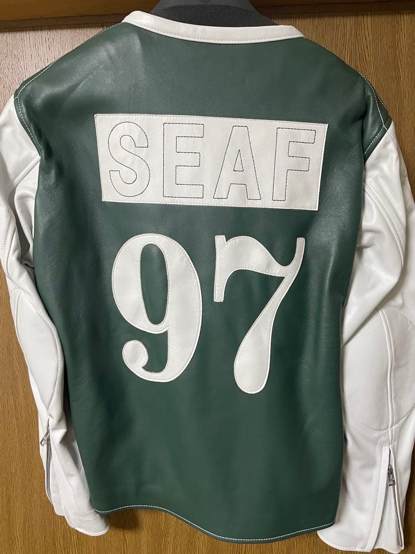 レザー シングルライダースジャケット グリーン/ホワイト