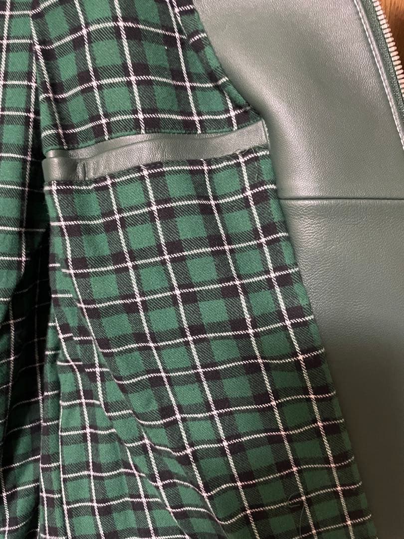 レザー シングルライダースジャケット グリーン/ホワイト