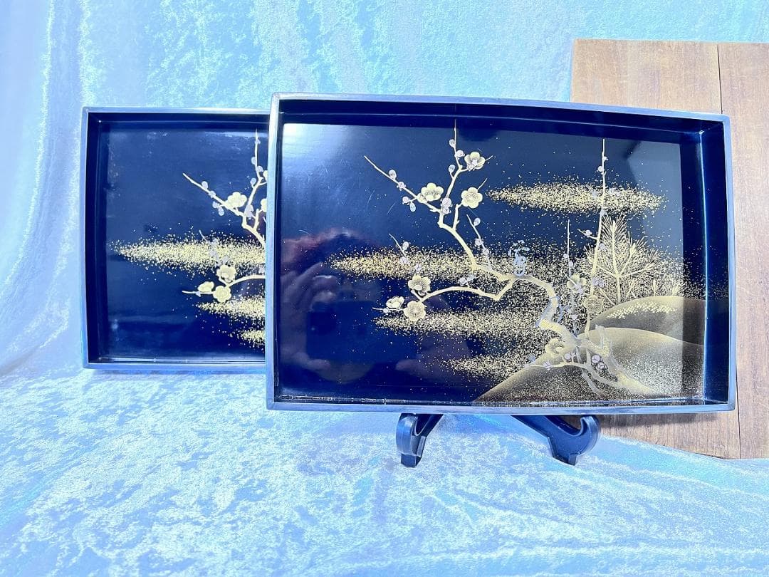金蒔絵　松梅紋　入子盆一対　明治期　裏底にダメージ有