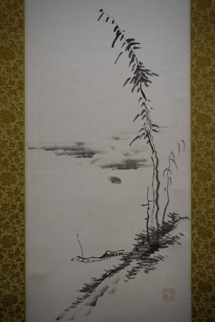 真作/田能村竹田/柳塘繁舟画賛/田能村小竹の桐極二重箱付/布袋屋掛軸HH-464