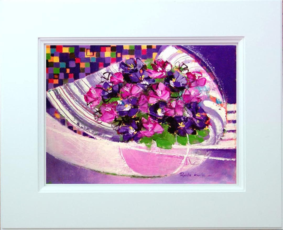 菅家令子 油絵 画絵インテリア 額付(青緑＋金色の枠) uF6-062304 花