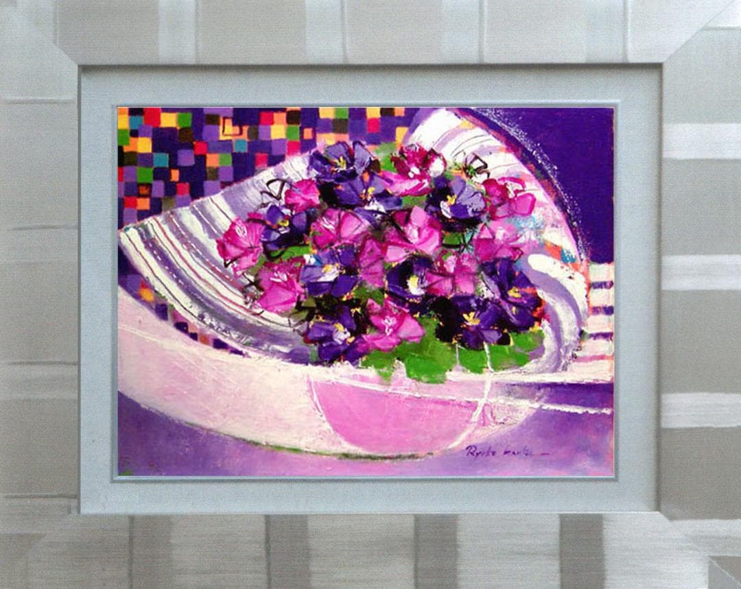 菅家令子 油絵 画絵インテリア 額付(青緑＋金色の枠) uF6-062304 花