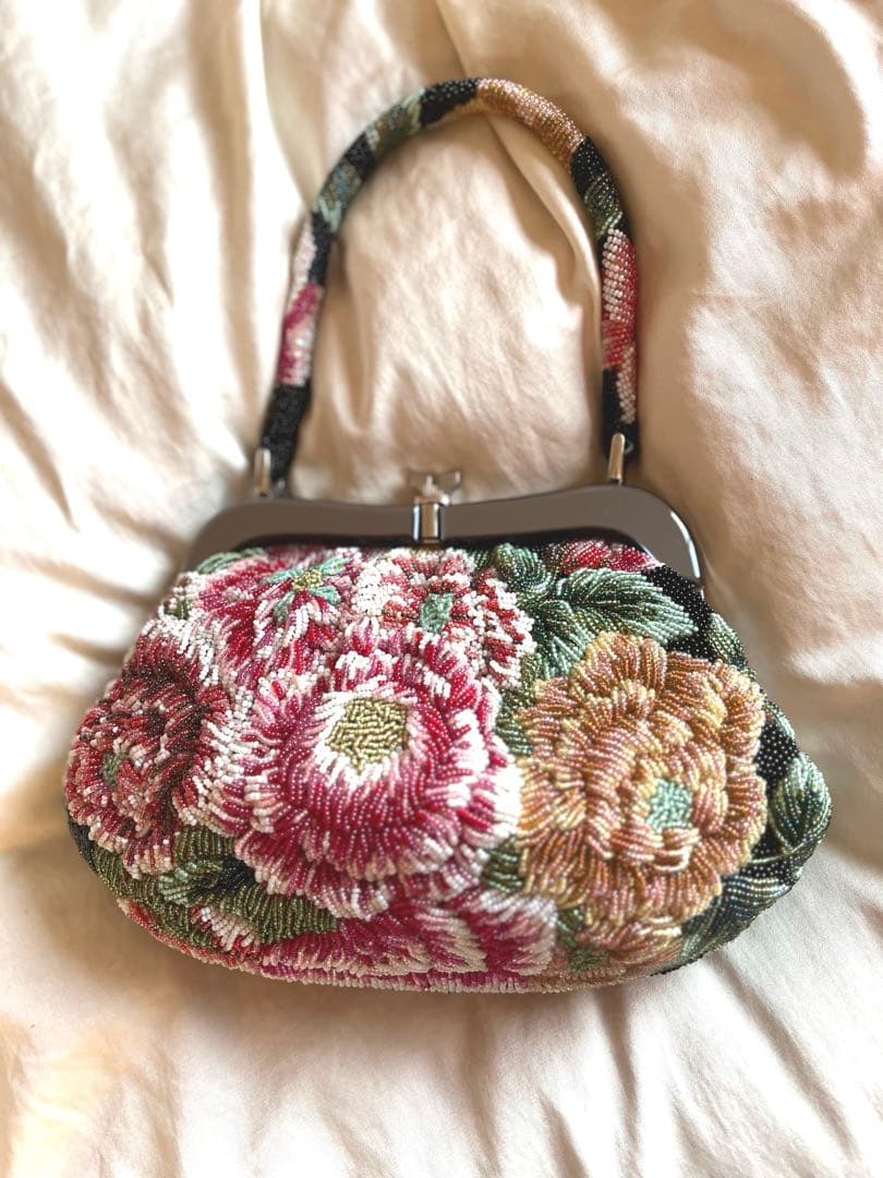 【送料無料】花柄 ビーズ手刺繍 ハンドバッグ パーティー フォーマル　状態キレイ