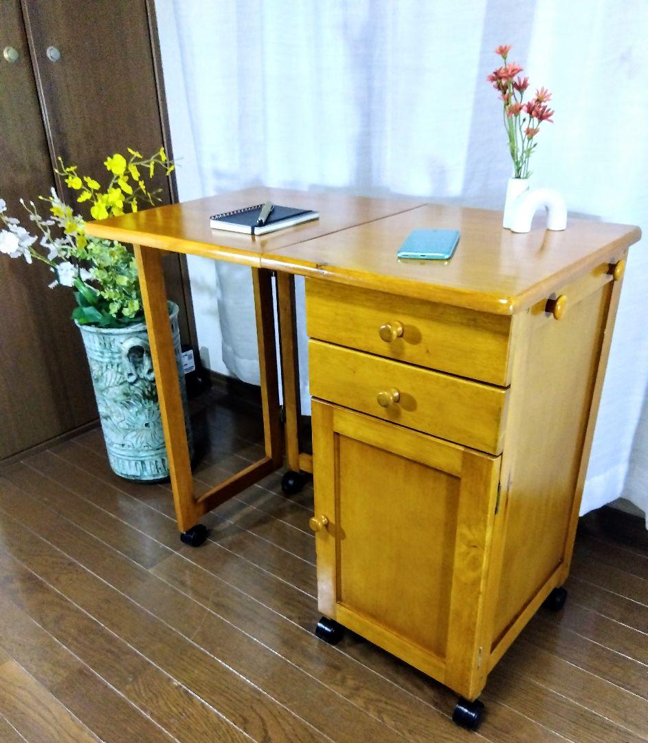 【アンティーク】収納付折畳デスク　多機能サイドテーブル　（キャスター付）匿名配送