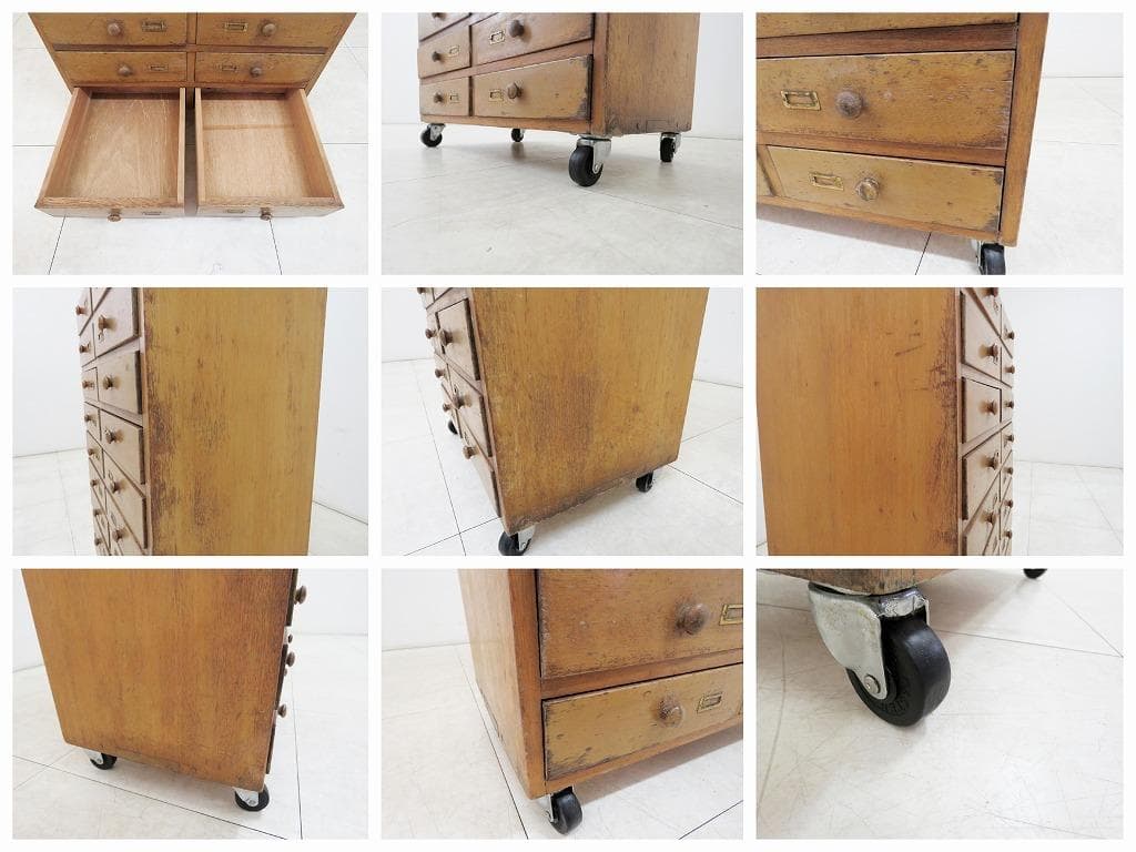 古い木製引き出し 20杯 キャスター ヴィンテージ 古家具 書類 小物入れ