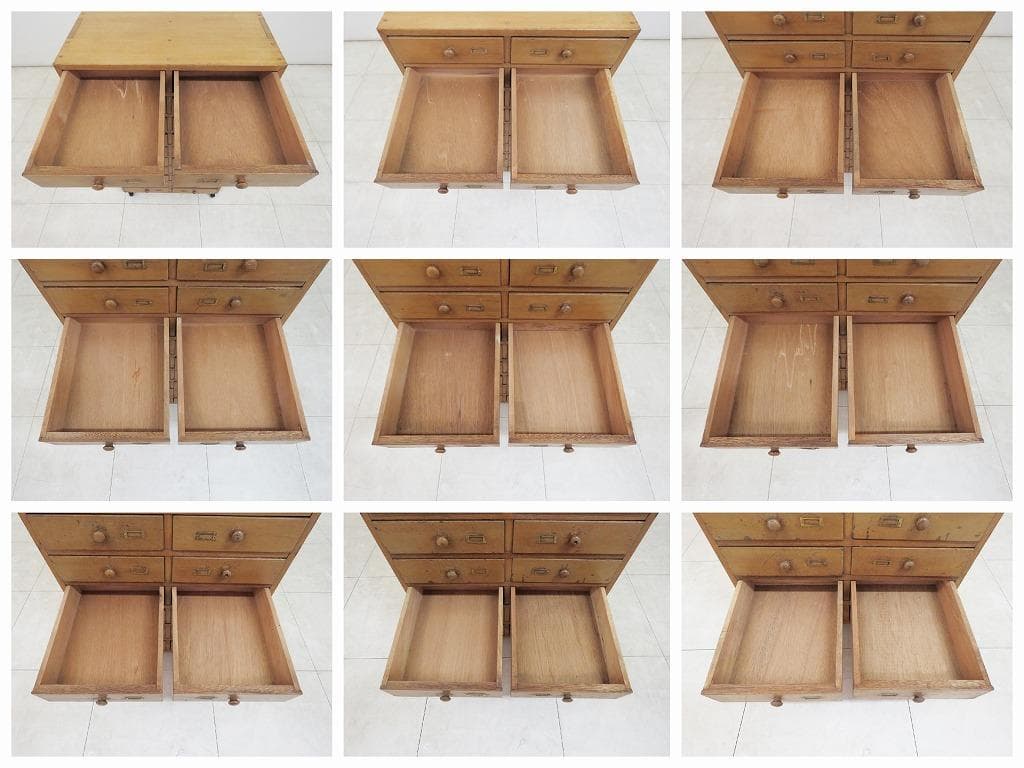 古い木製引き出し 20杯 キャスター ヴィンテージ 古家具 書類 小物入れ