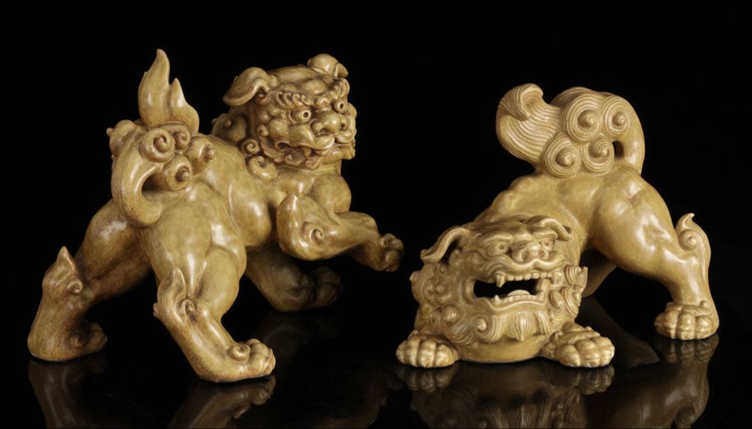 九谷焼 玉獅子 双獅子置物 一対 共箱付 24cm 唐獅子 狛犬 古美術 骨董品