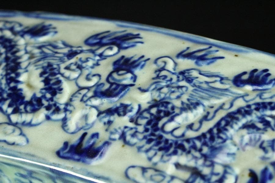 中国美術 青花 寿字 龍紋 如意形 蓋物 29cmx12cm(K-LC207)