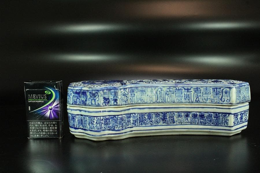 中国美術 青花 寿字 龍紋 如意形 蓋物 29cmx12cm(K-LC207)