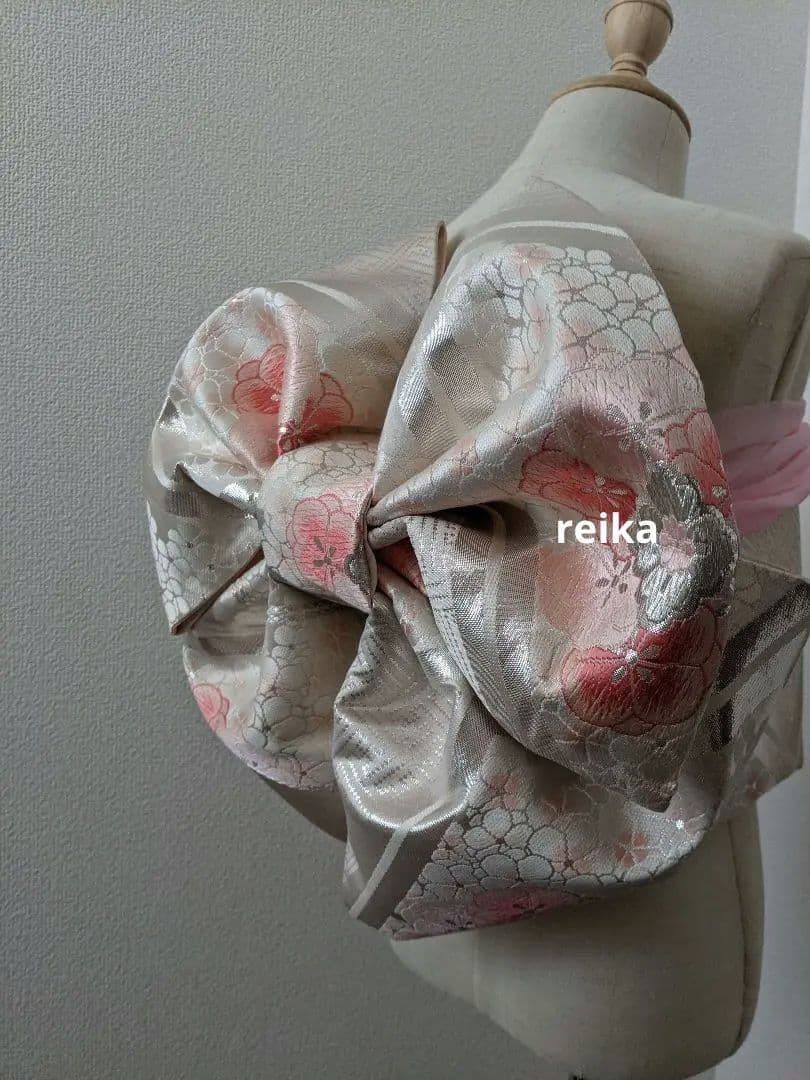 七五三　ジュニアサイズ　大人用袋帯からの作り帯　二部式　子供　着物　白銀ピンク系