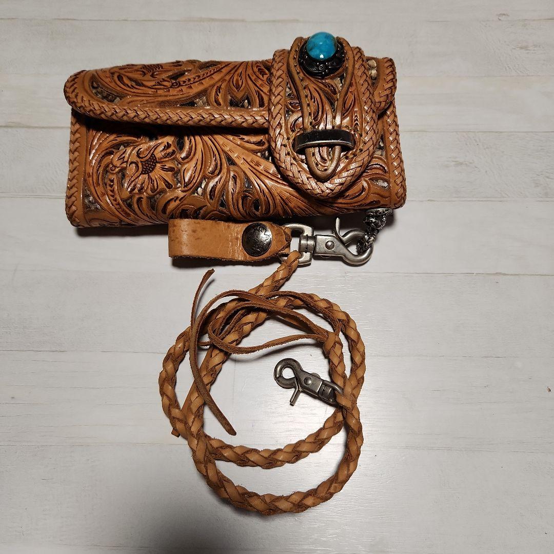 レザーウォレット革財布透かし彫カービング×パイソン ストラップ付&ウエストケース