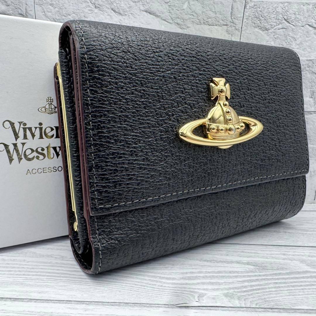 【極美品】ヴィヴィアンウエストウッド 三つ折り財布 がま口　レザー ブラック