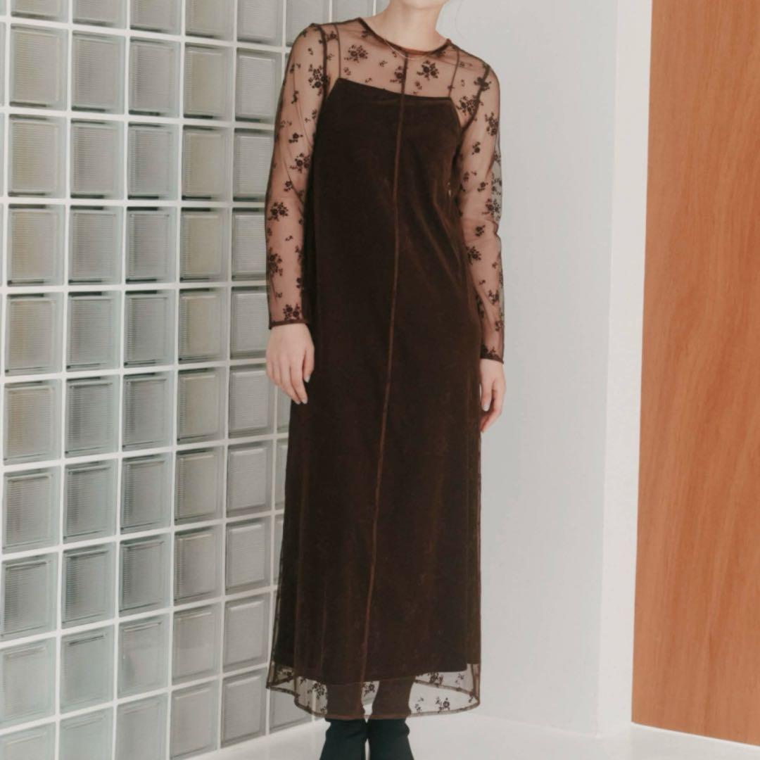 【美品/値下可】kaene フロッキーベロア2wayドレス 34 ダークブラウン