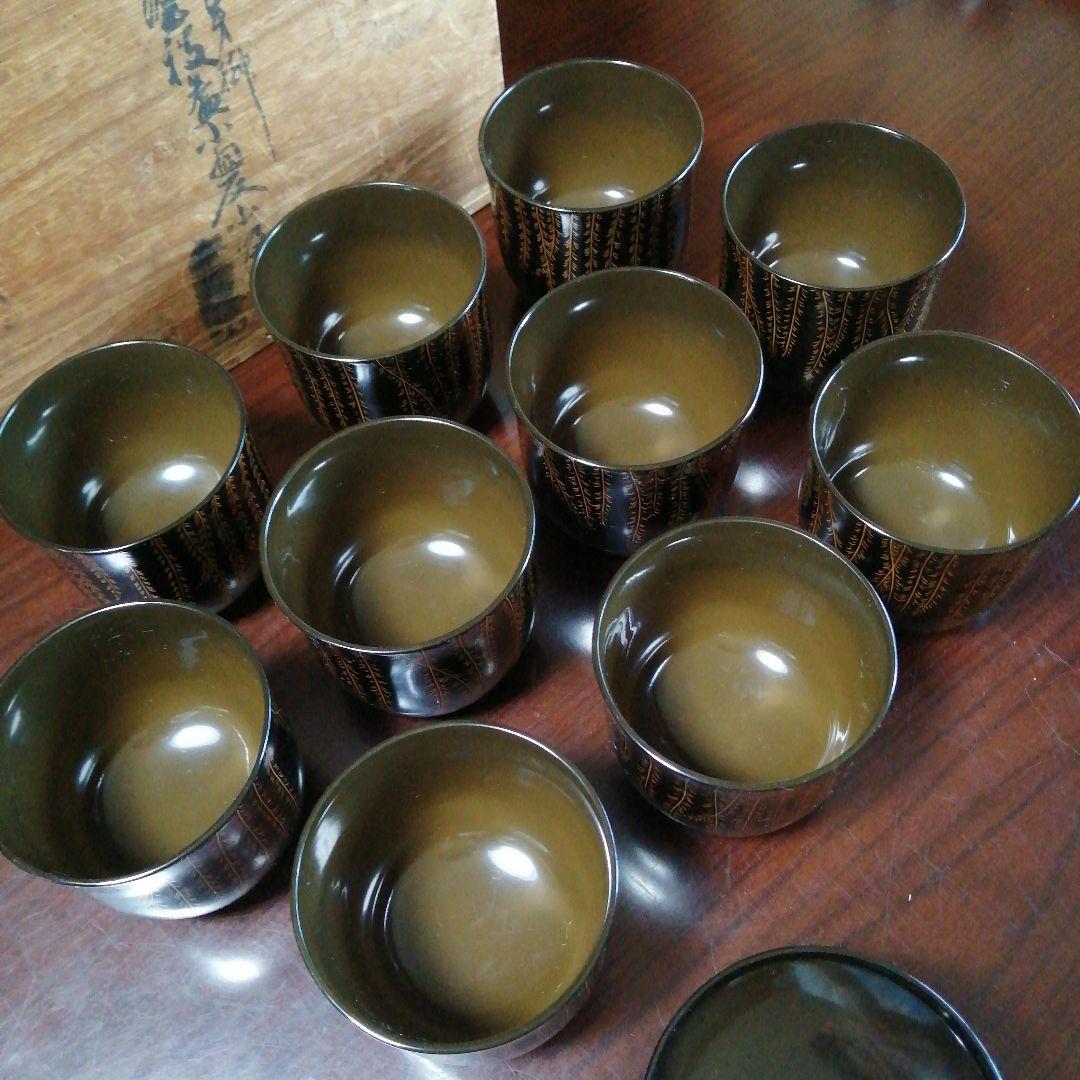 輪島塗　大崎庄右衛門　竹園自耕　金蒔絵枝垂柳紋吸物椀　10客　9cm　昭和中期