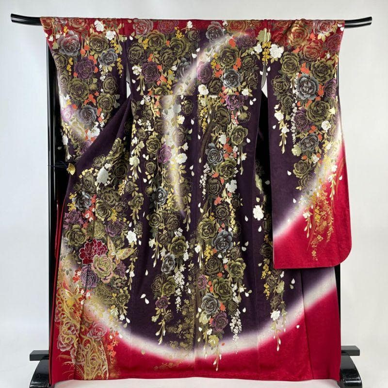 桂由美 落款あり 薔薇 蝶 ラインストーン 赤×紫×金 振袖