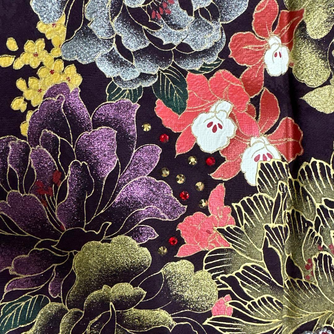 桂由美 落款あり 薔薇 蝶 ラインストーン 赤×紫×金 振袖