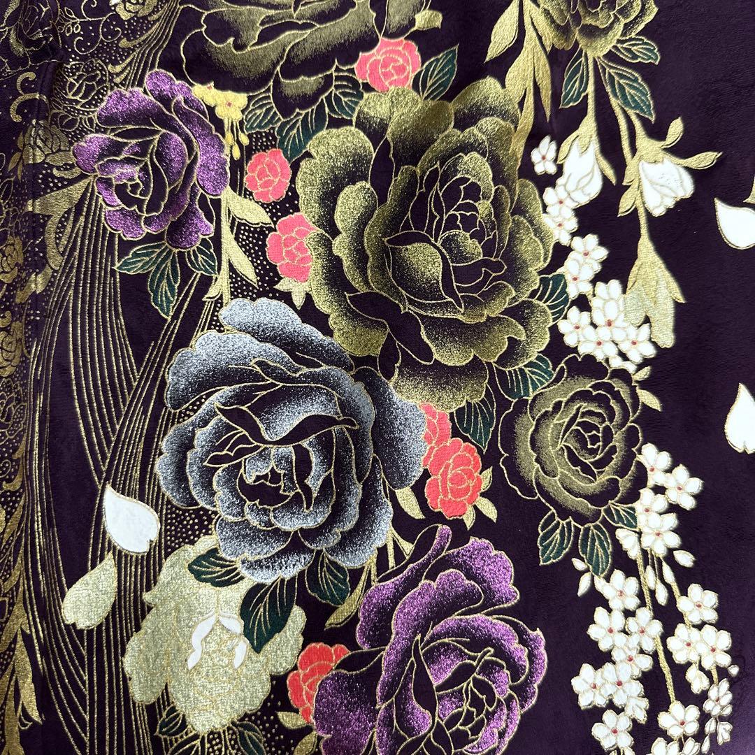 桂由美 落款あり 薔薇 蝶 ラインストーン 赤×紫×金 振袖