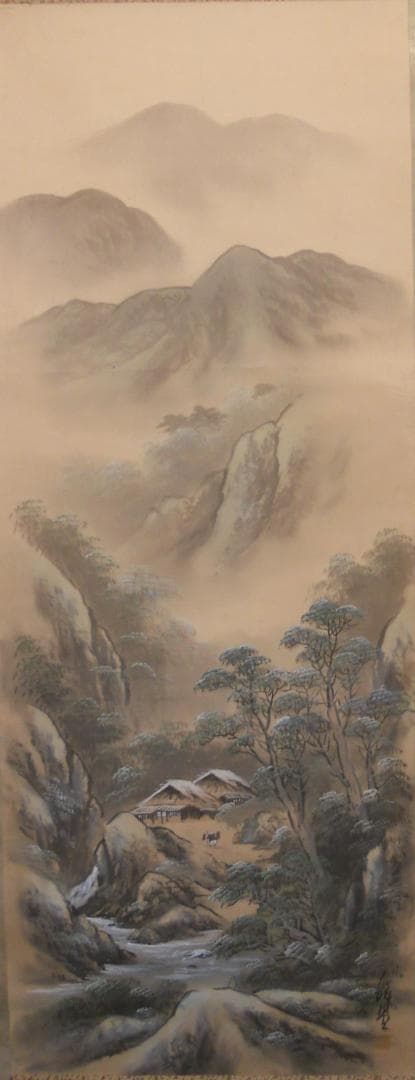 掛け軸 瞬堂 青緑山水ノ図 絹本 希少 軸装 茶道具 掛軸 です。