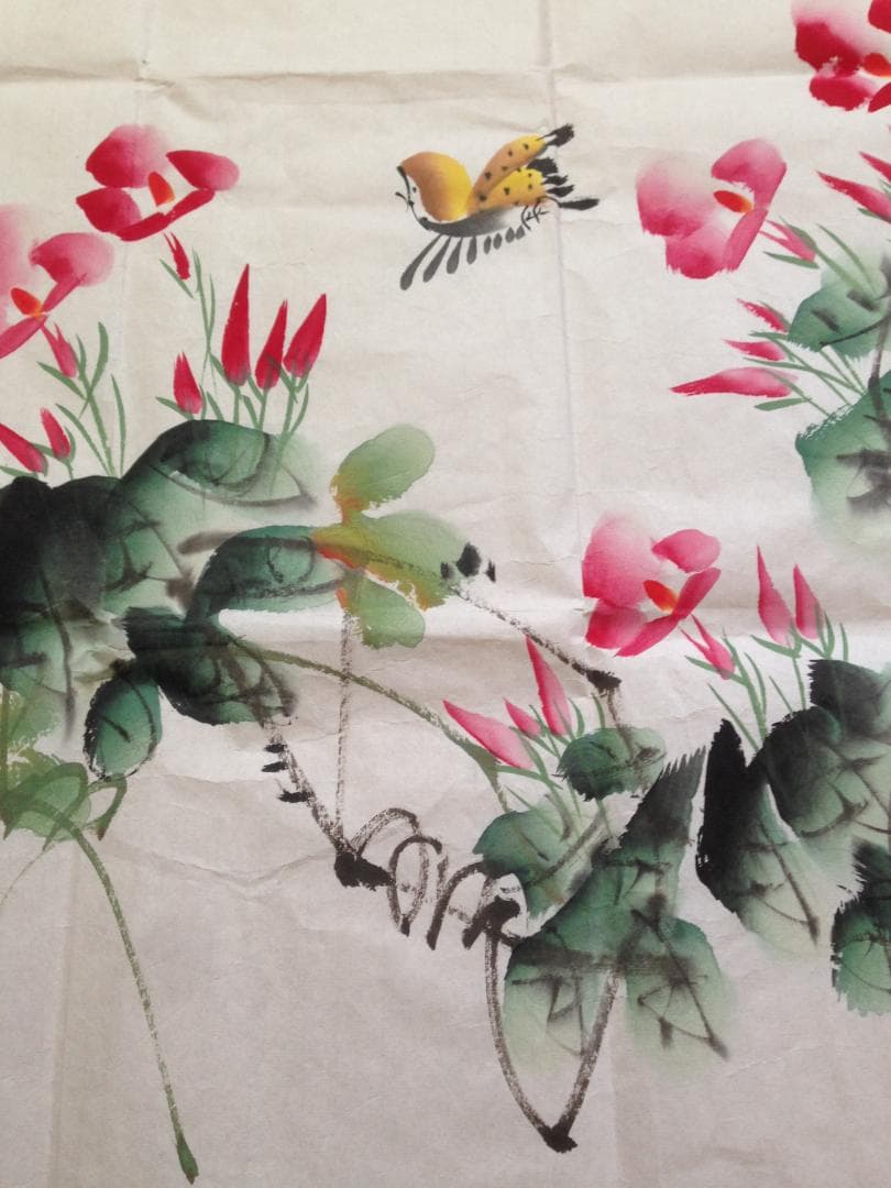 中国書画家劉湘（1963～2020年）氏作花鳥図『春意濃』図 肉筆真作保証表装前