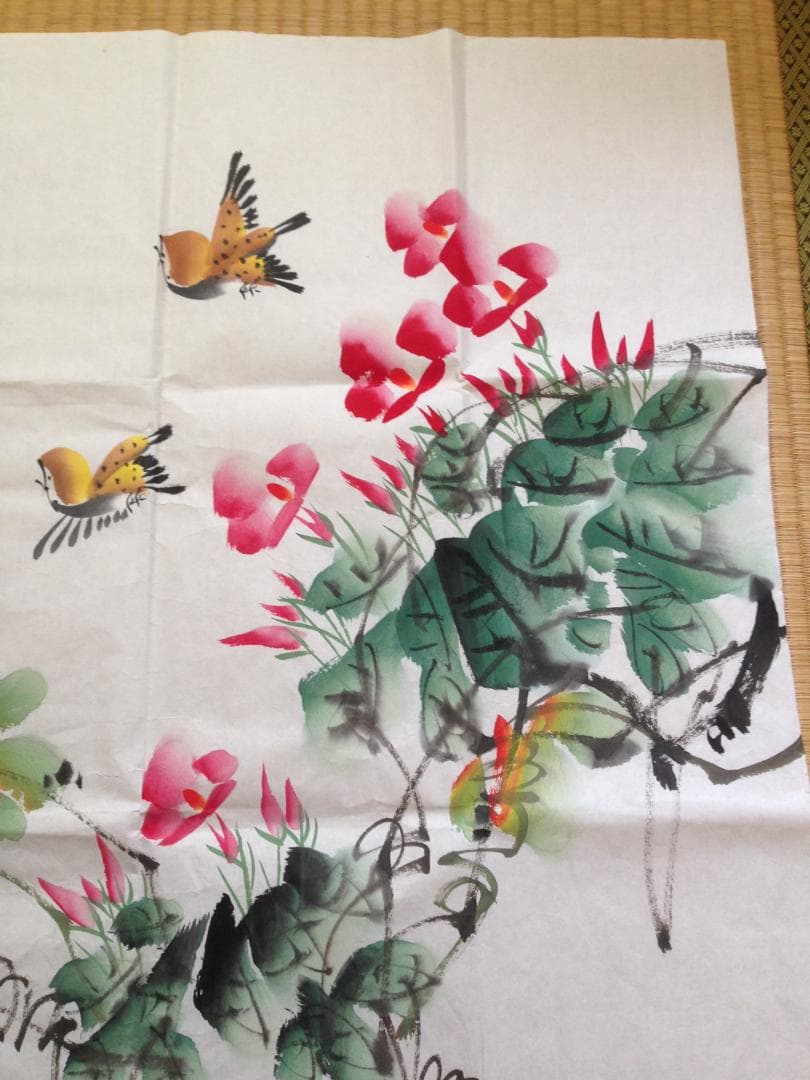 中国書画家劉湘（1963～2020年）氏作花鳥図『春意濃』図 肉筆真作保証表装前