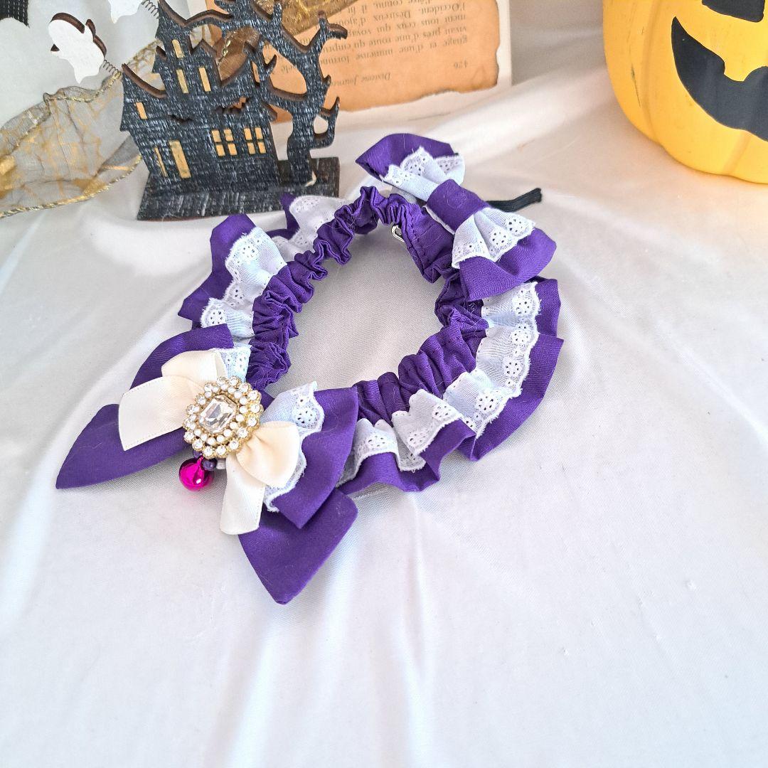 短毛シュシュ、ハロウィン(パープル白レース)わんちゃん猫ちゃん用