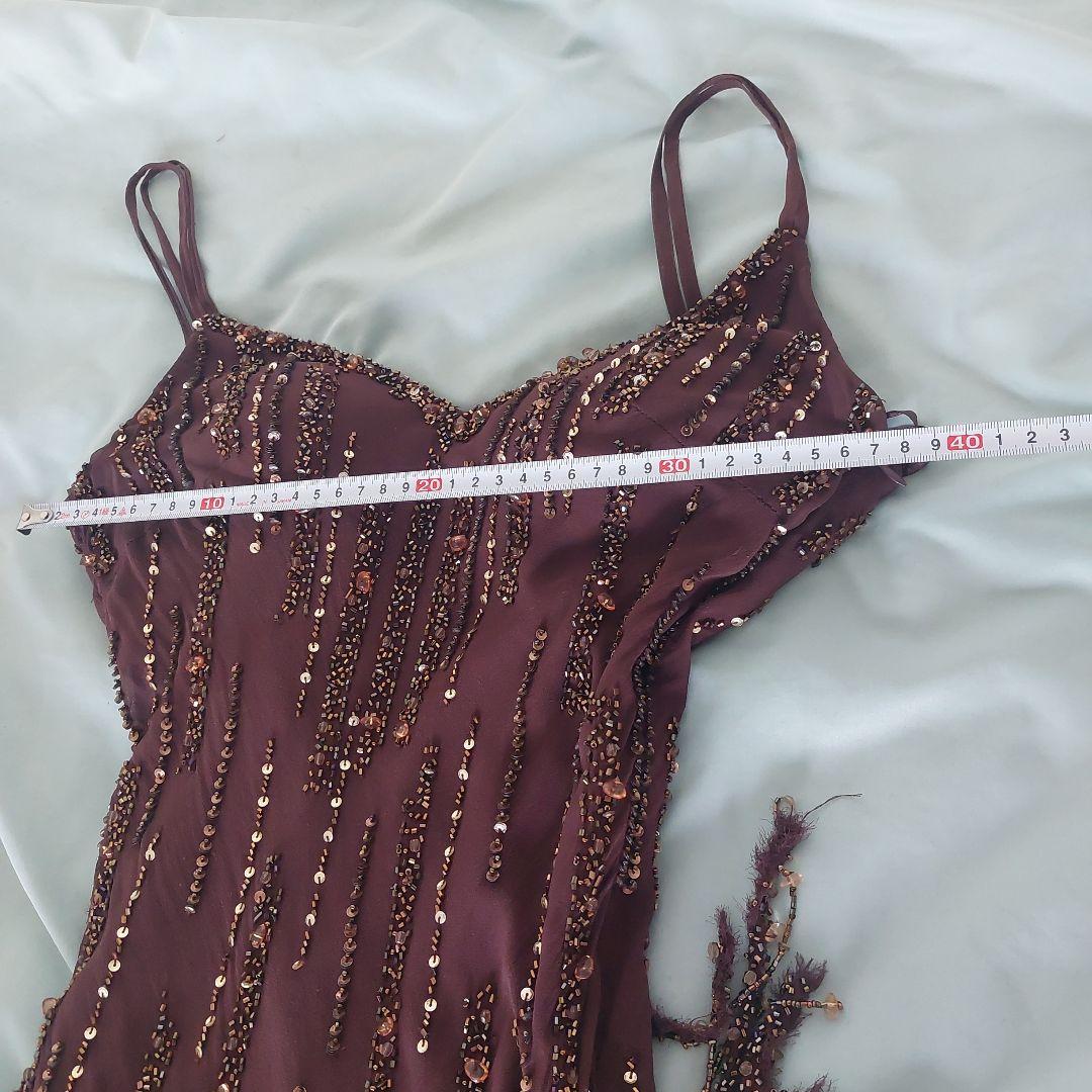 スーウォン ブラウン フリンジビーズスパンコール パーティードレス