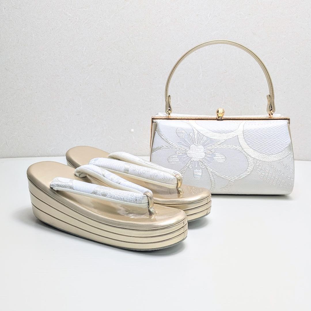 和装 草履 バッグ セット 帯地 梅 白 金 ゴールド フリーサイズ u94-1