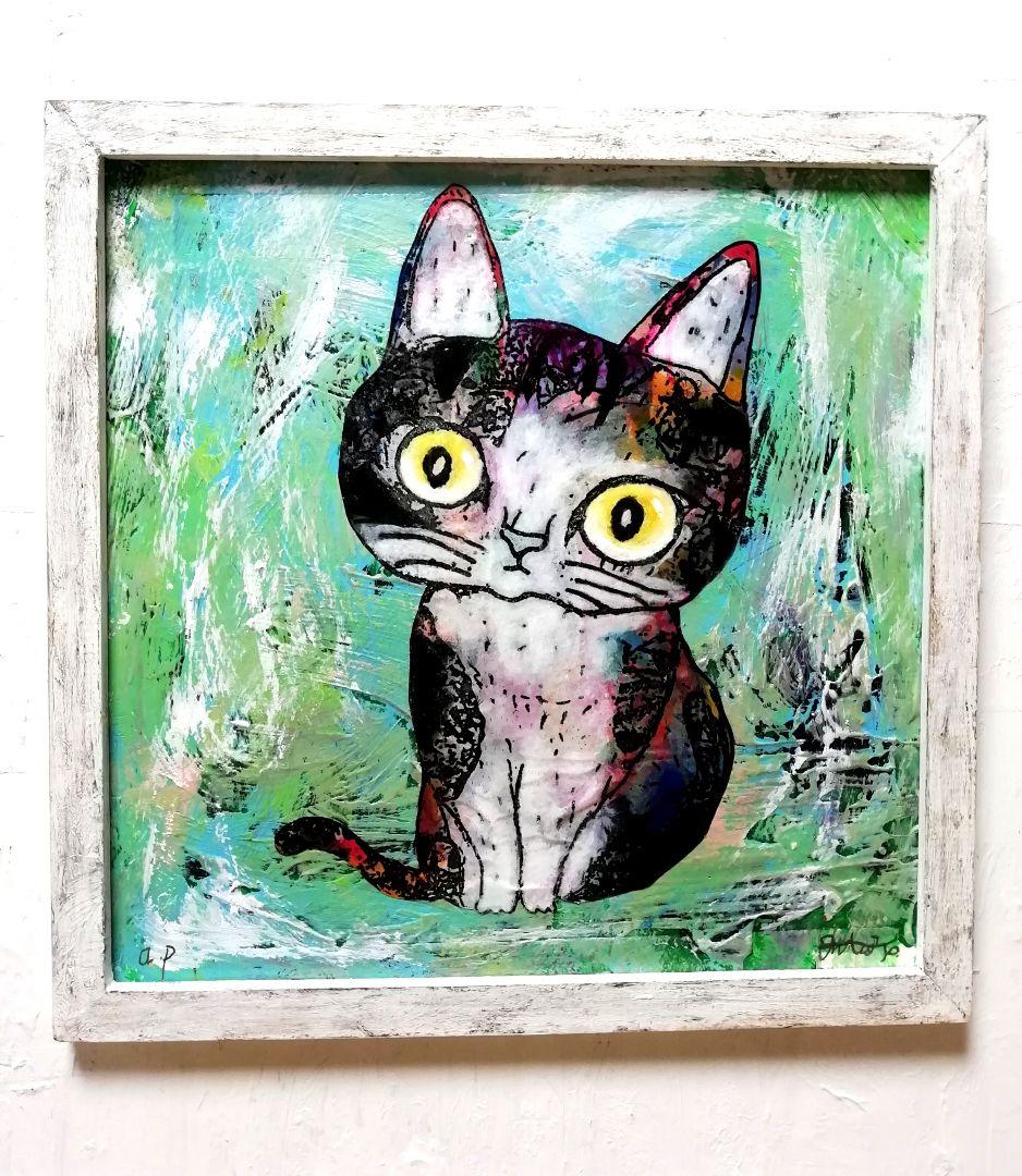 額付き銅版画応用絵画　title「ひらめき猫」アップグレード