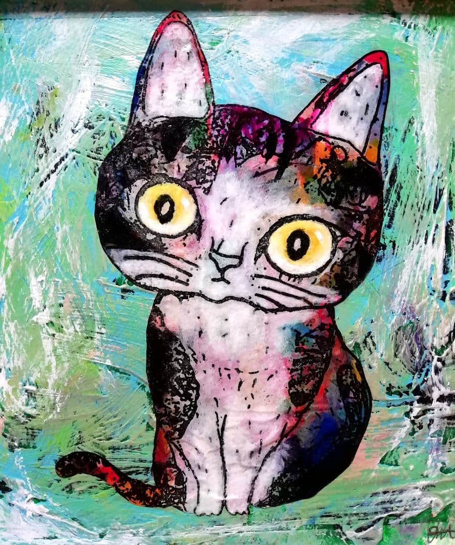 額付き銅版画応用絵画　title「ひらめき猫」アップグレード