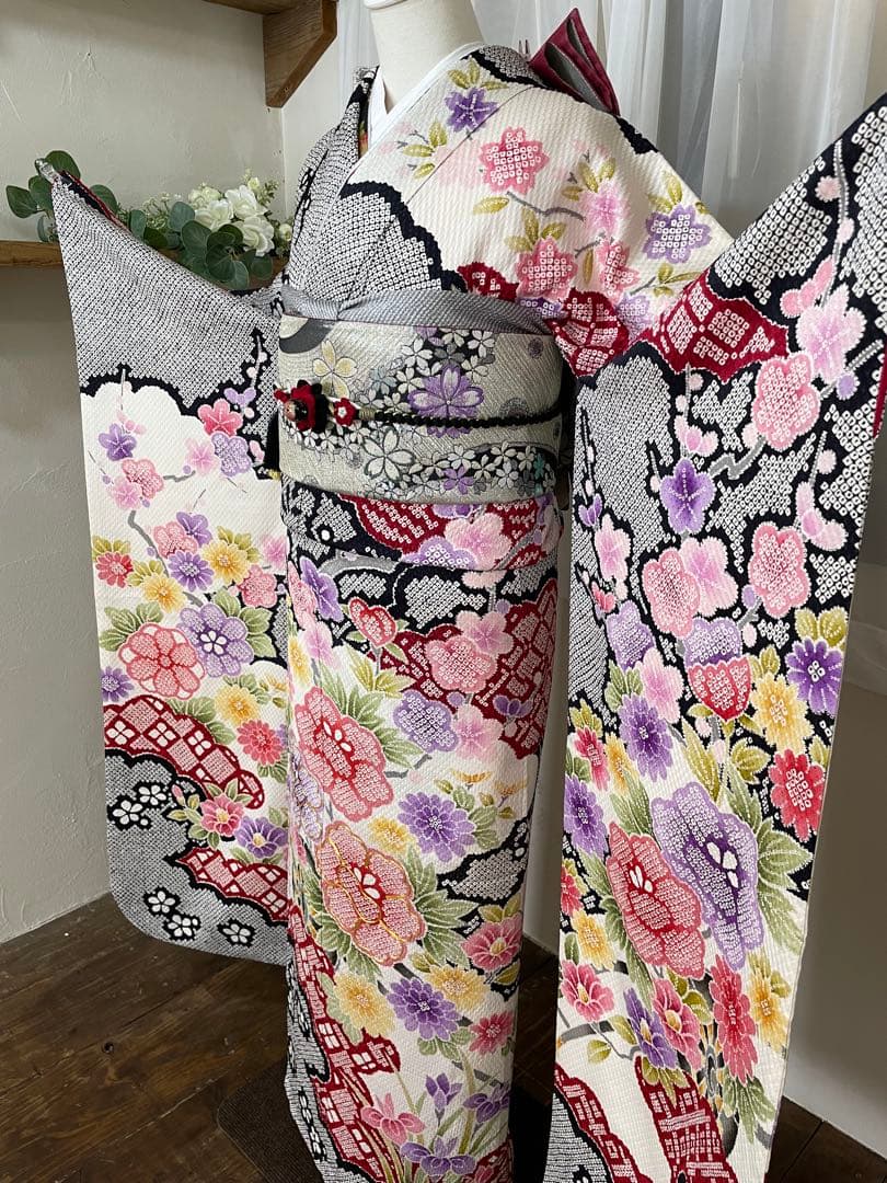 成人式　振袖フルセット　1112　正絹振袖　総絞り　黒　最終値下げ！