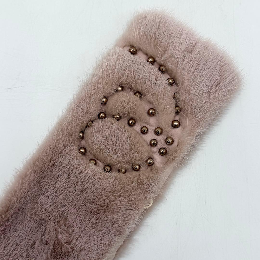 【極美品】フェンディ ティペット ミンクファー 毛皮 スタッズ リボン ピンク