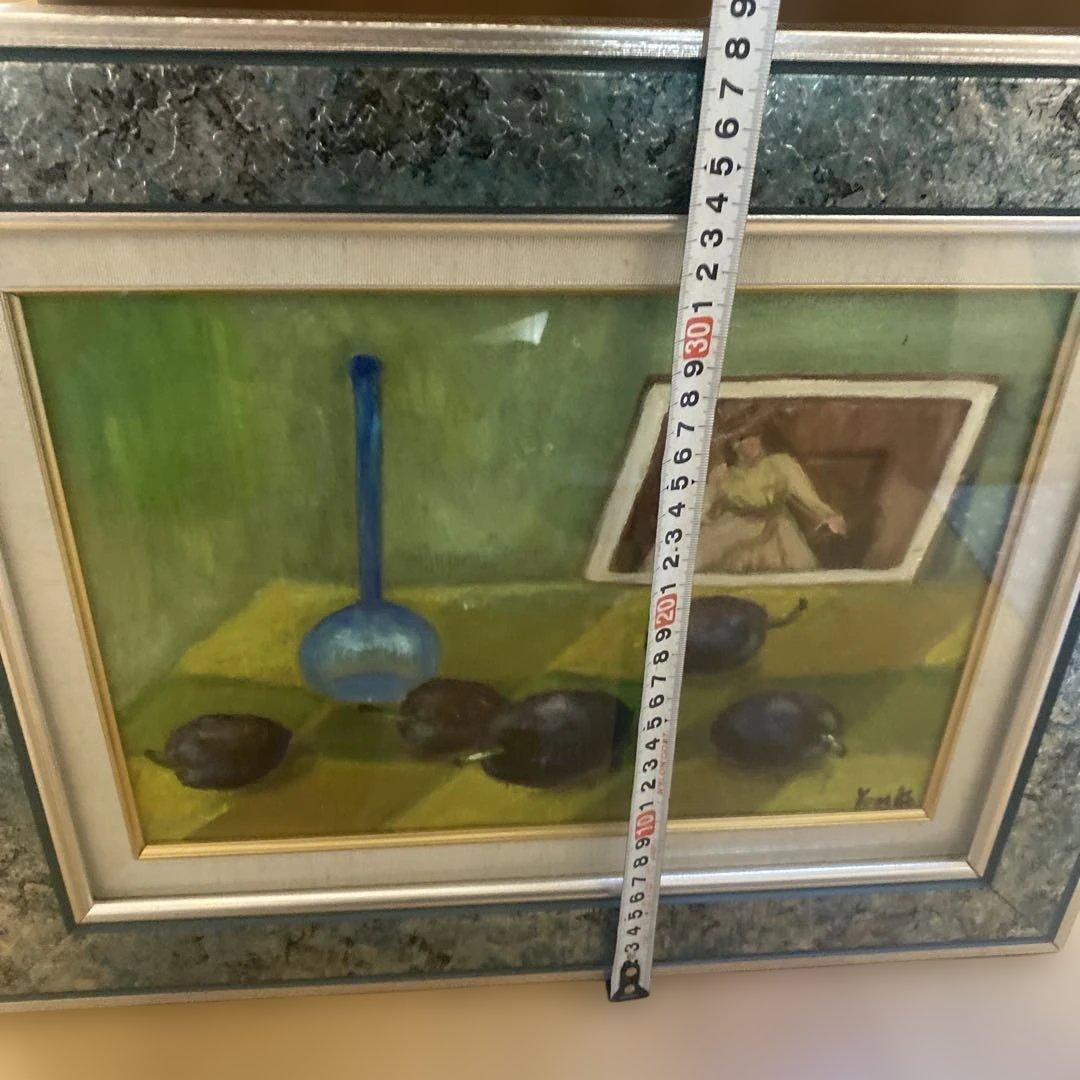 油彩　油絵　絵画　プルーン　果物　洋画　静物画　額縁　シルバーフレーム　f4