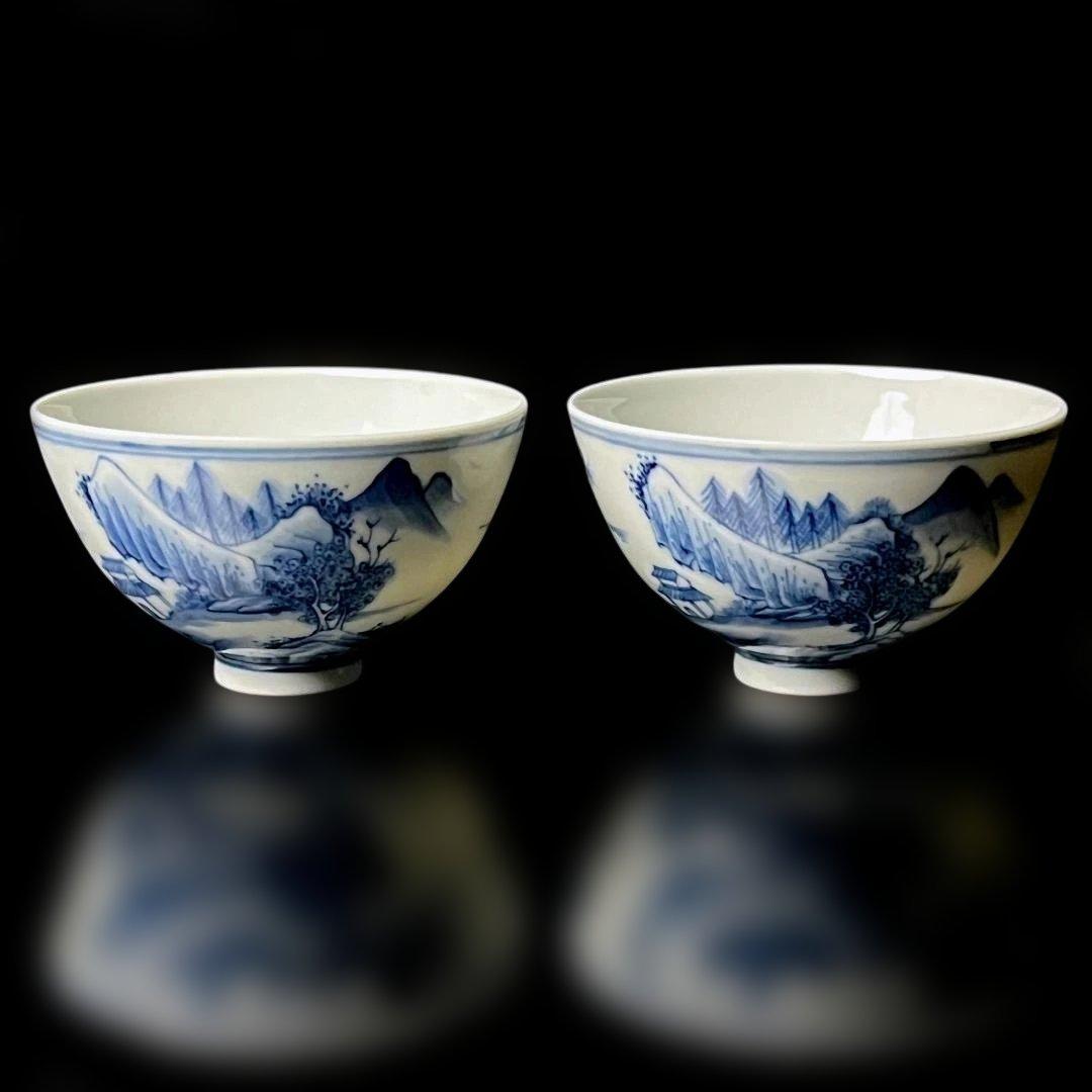 唐物 青花楼閣山水人物紋碗 一対 大清乾隆年製 款 煎茶碗 美術古玩 SH28