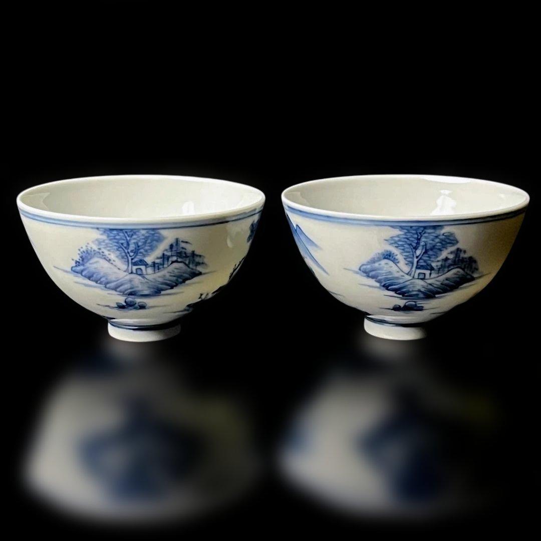 唐物 青花楼閣山水人物紋碗 一対 大清乾隆年製 款 煎茶碗 美術古玩 SH28