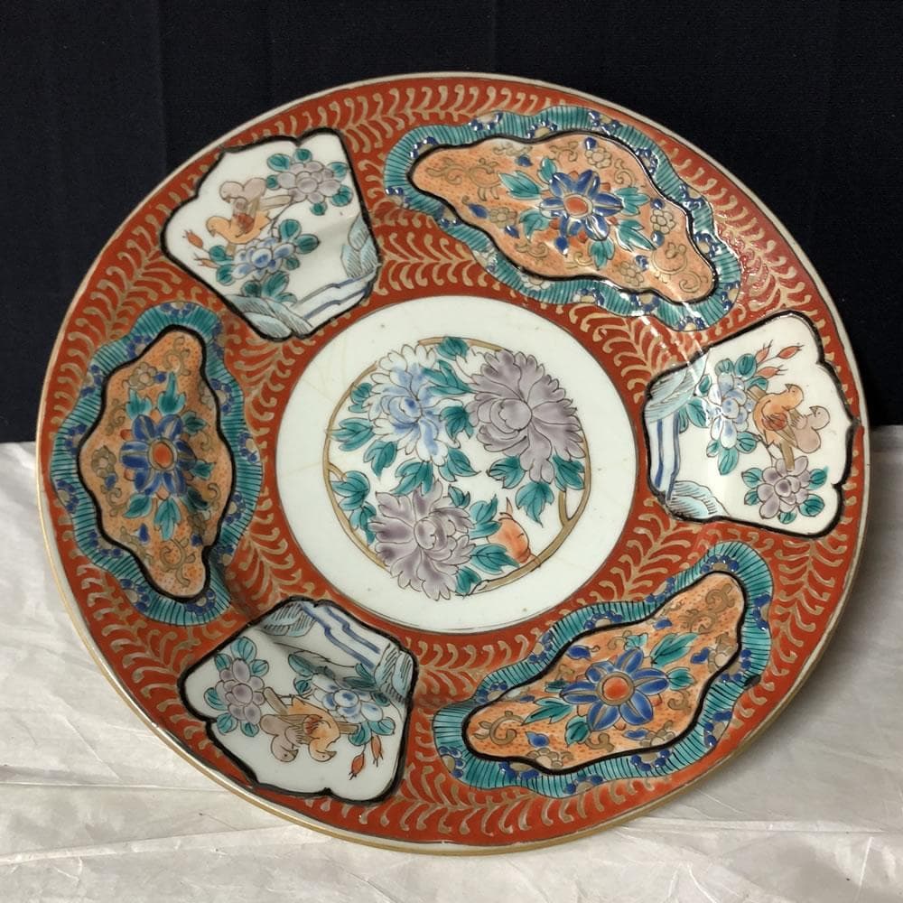 e2723 古伊万里 肥蝶山信甫製 赤絵 八寸皿 兜皿 色絵 皿