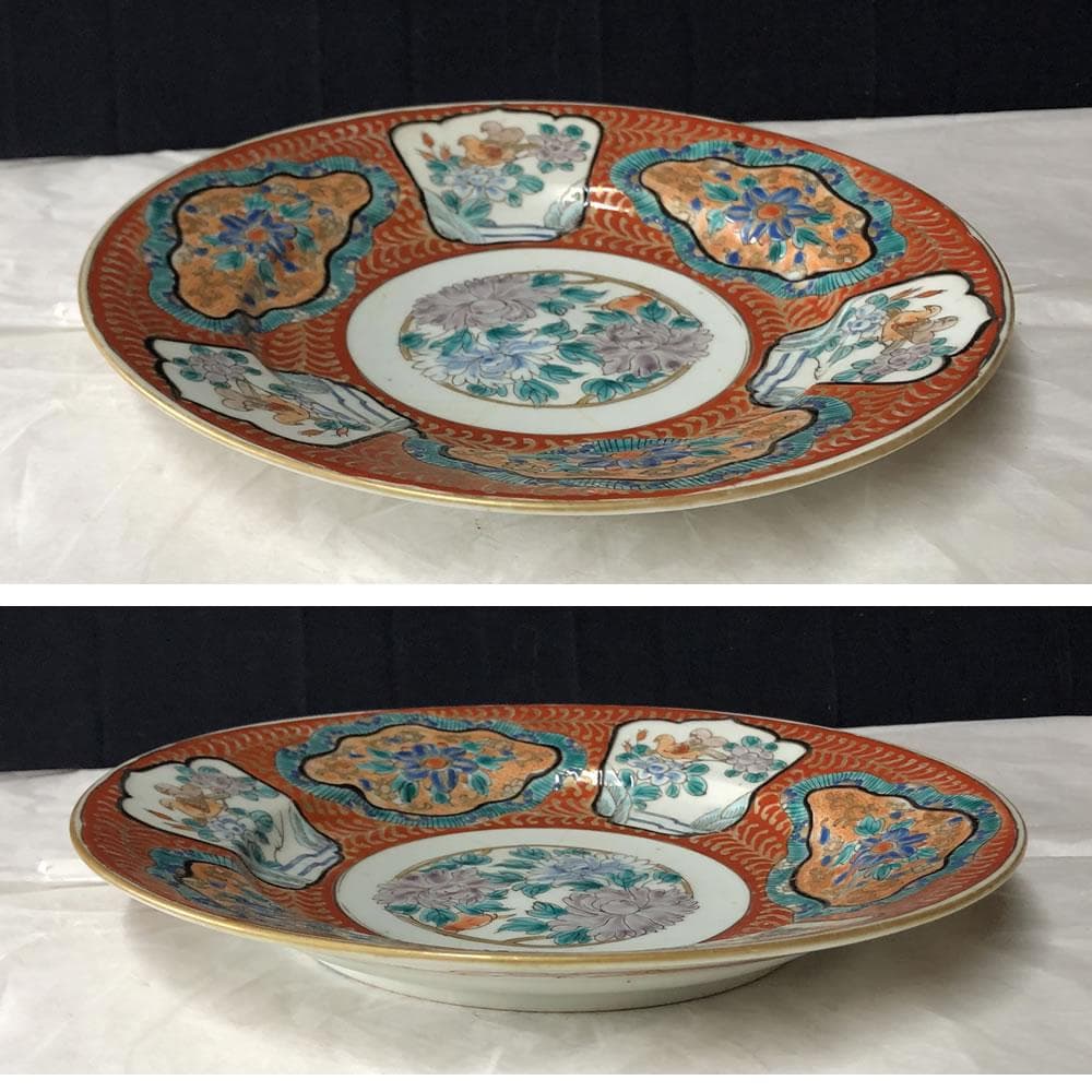 e2723 古伊万里 肥蝶山信甫製 赤絵 八寸皿 兜皿 色絵 皿