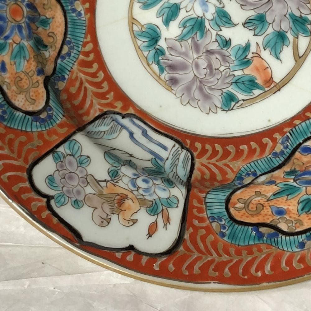 e2723 古伊万里 肥蝶山信甫製 赤絵 八寸皿 兜皿 色絵 皿