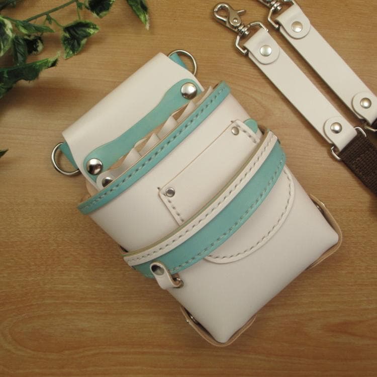 ホワイト＆空色　５丁差し　本革シザーケース　SCA-39/CWA