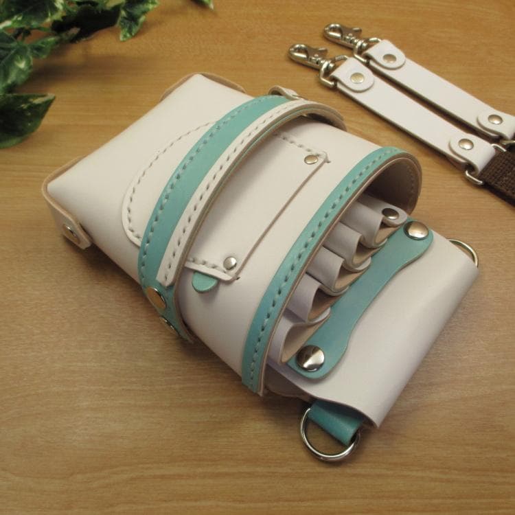 ホワイト＆空色　５丁差し　本革シザーケース　SCA-39/CWA