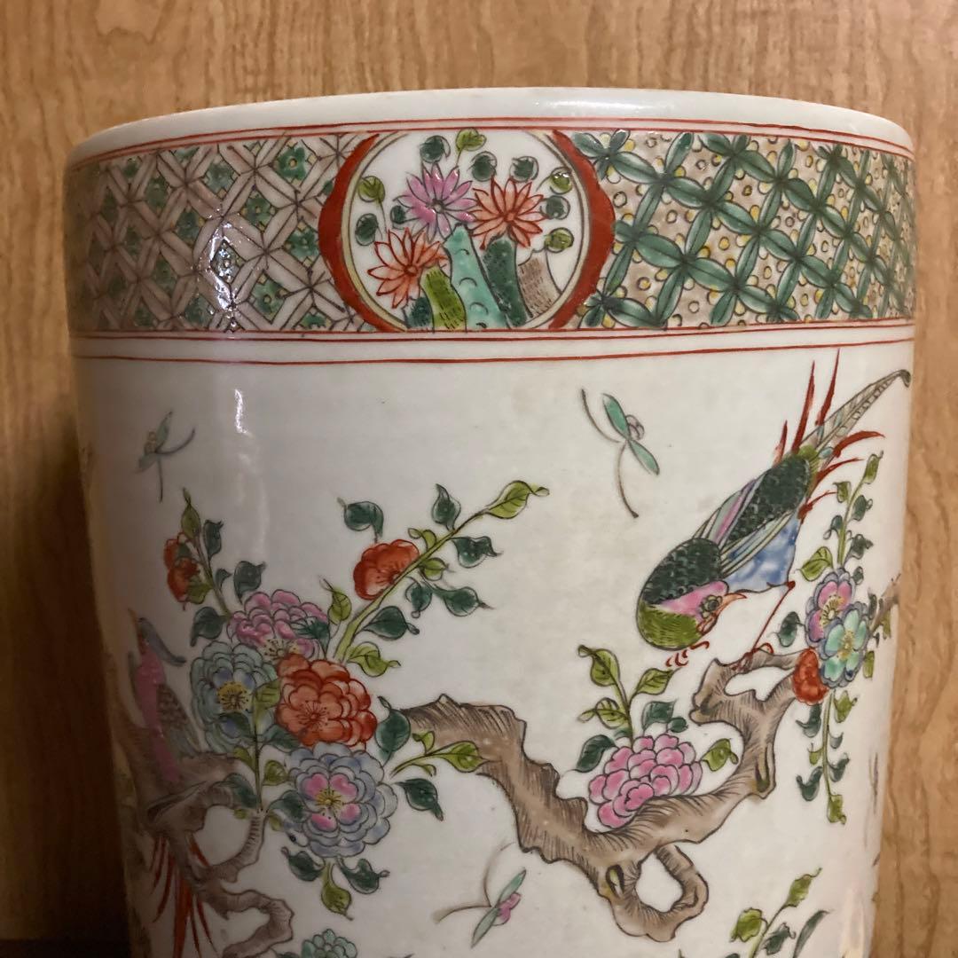 中国　色絵　粉彩　筒瓶　花鳥図　大明嘉靖年製