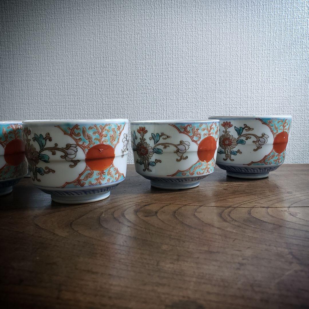 蕎麦猪口　向付　5客　古伊万里　変わり形　赤玉　花束　唐草　色絵付　金彩　ニュウ