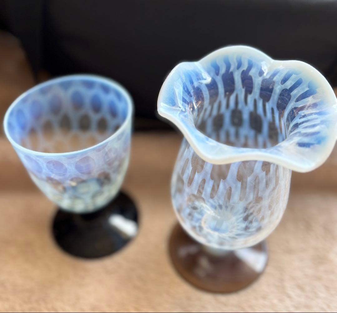 大正　和ガラス　なつめ型　水玉紋様　氷コップ　浪漫　パフェ　骨董　セット　希少