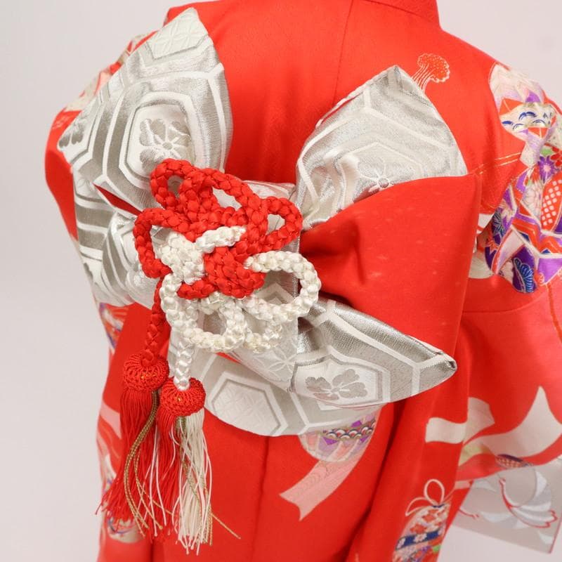 七五三着物11点セット7歳 女の子　束ね熨斗に鞠　子供着物　赤 化繊 11RR2